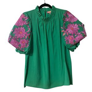 THML Womens Size L Green Pink Floral Embroidered Puff Sleeve Top